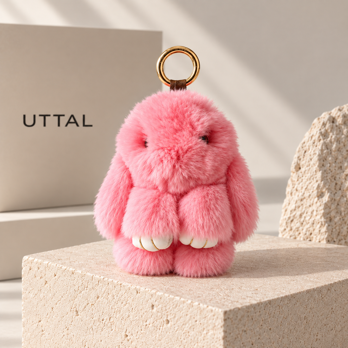 UTTAL Blush Pink Plushy Bunny Bag Charm attached to a pink knitted tote bag