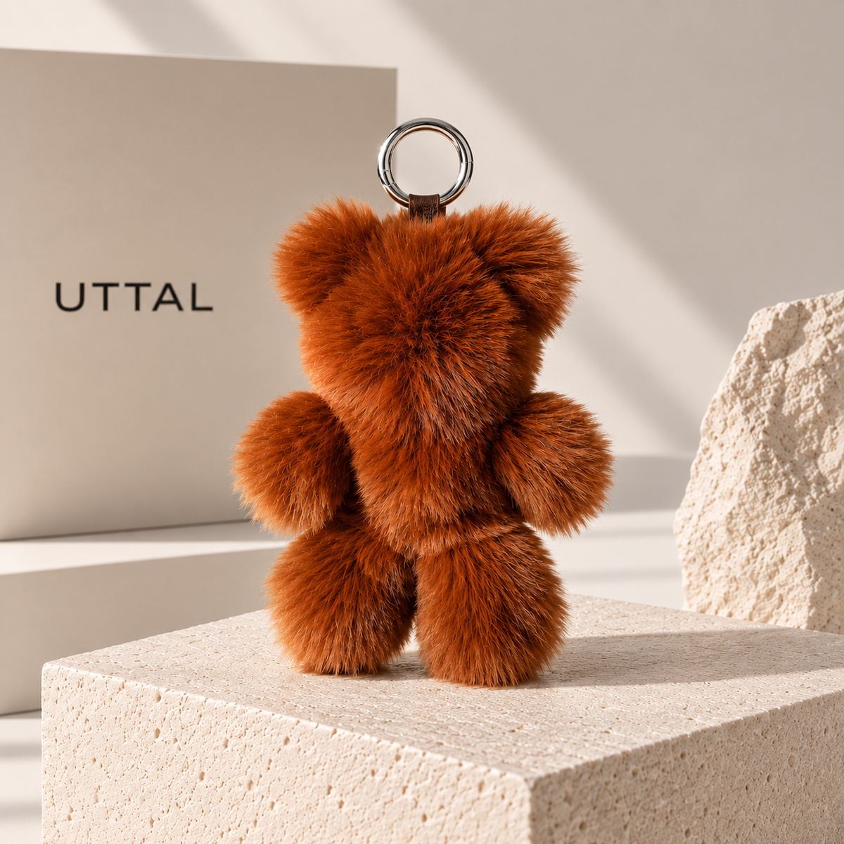 UTTAL Chestnut Plushy Teddy Bag Charm in soft brown with silver-tone ring