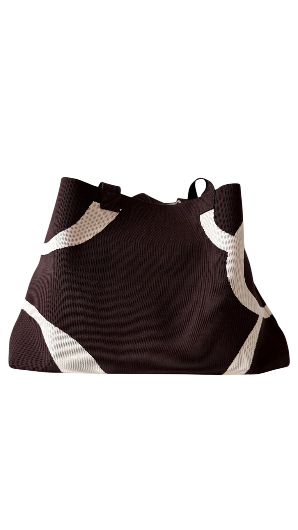 Chocolate brown UTTAL tote bag featuring premium jacquard knit fabric, structured silhouette and comfortable backview