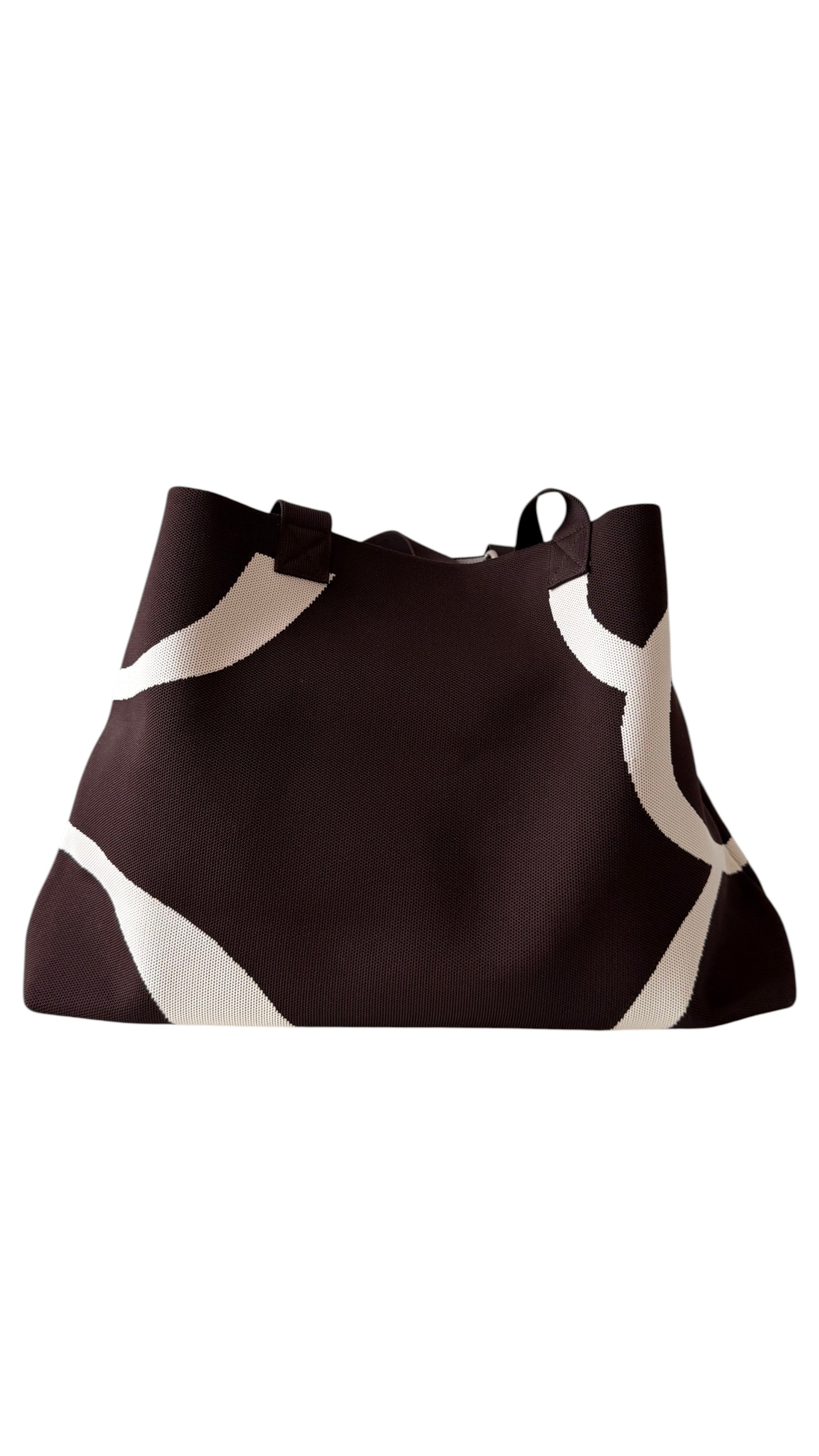 Chocolate brown UTTAL tote bag featuring premium jacquard knit fabric, structured silhouette and comfortable backview