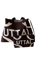 Chocolate Brown UTTAL jacquard knit tote bag with matching pouch, structured design, adjustable shoulder strap and premium woven pattern on a white background"