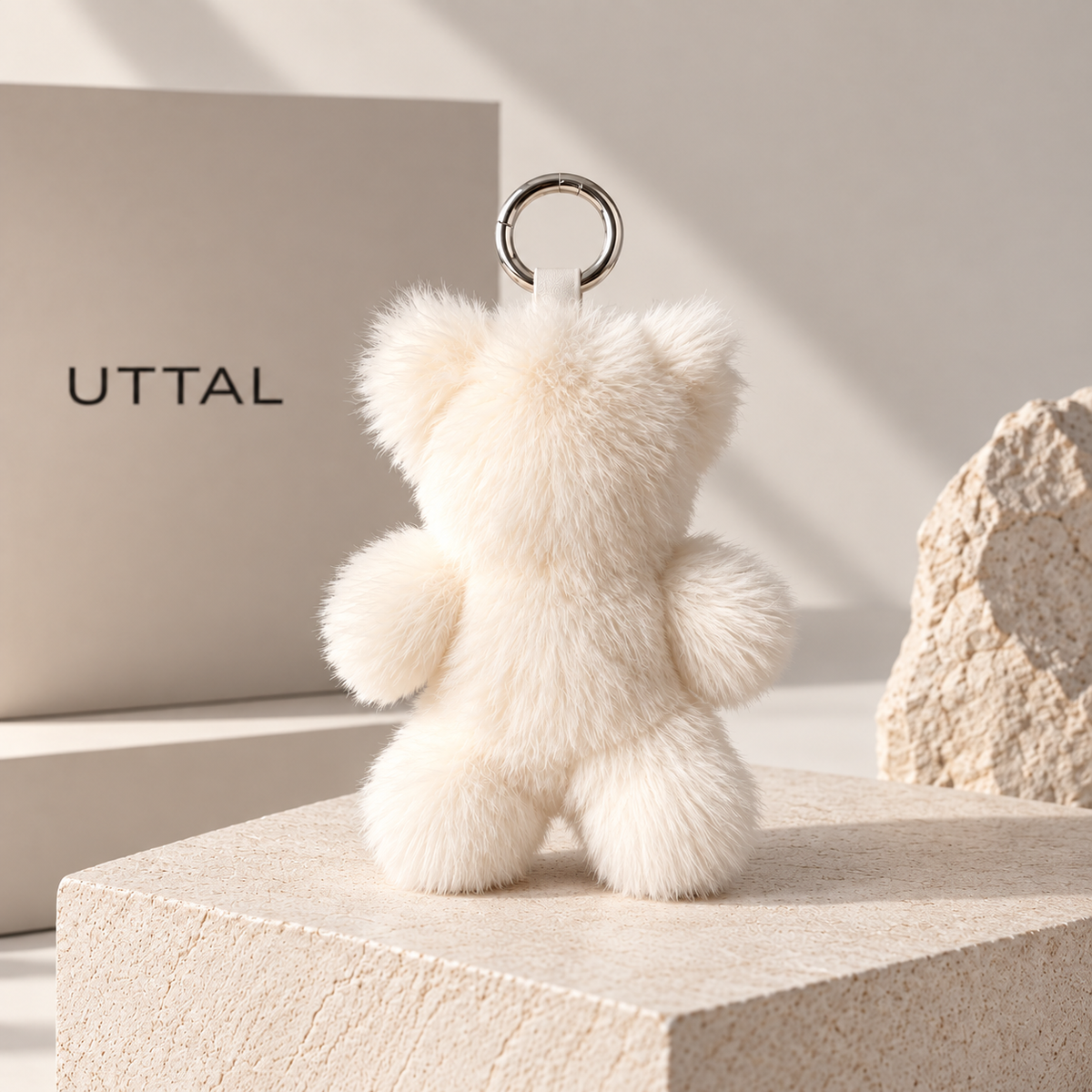 UTTAL Cream Plushy Teddy Bag Charm in soft cream with silver-tone ring