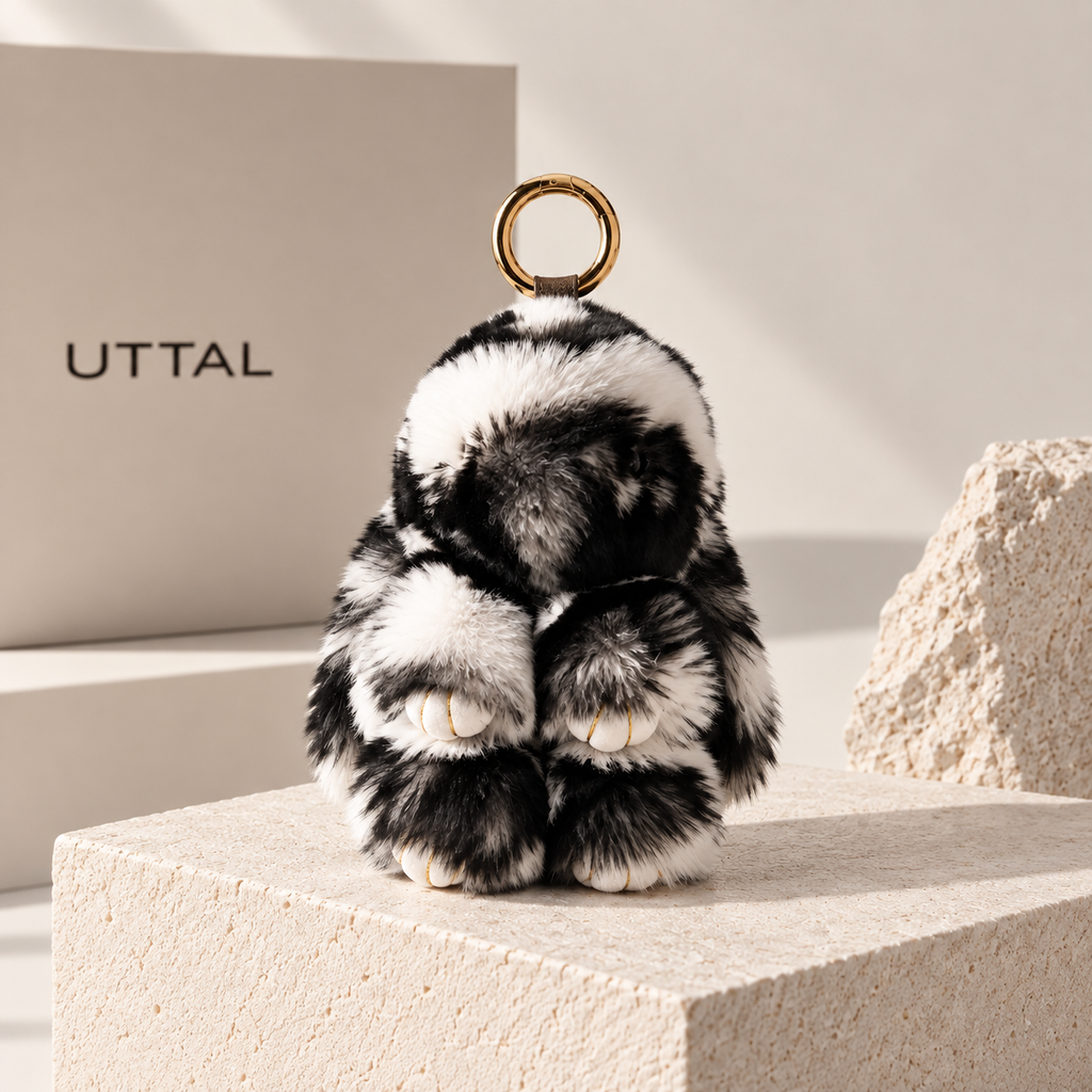 UTTAL Mono Plushy Bunny Bag Charm in black and white with gold-tone ring