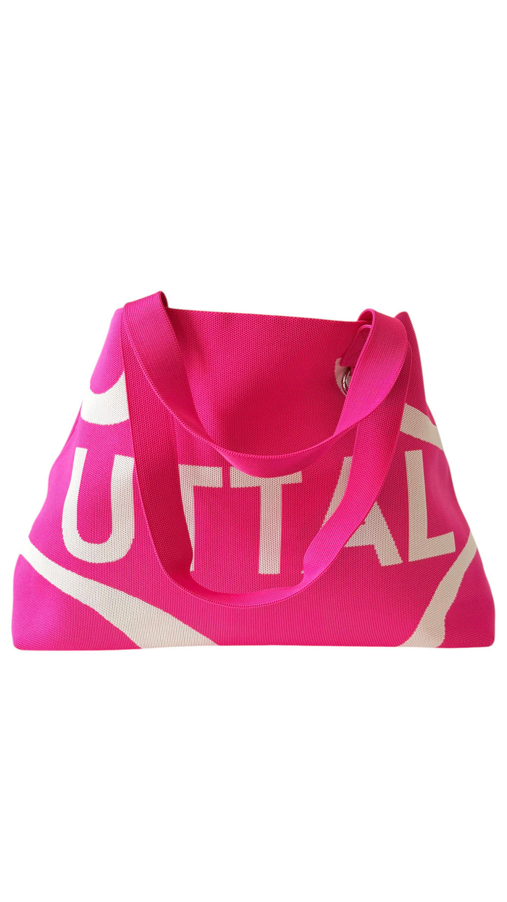 Pink UTTAL jacquard knit tote bag shown from an angled view with structured design, durable shoulder straps and premium woven fabric