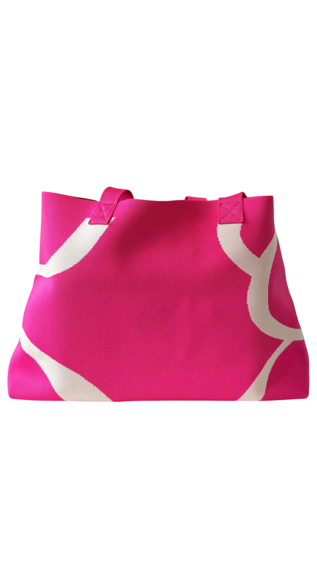 Back view of pink UTTAL jacquard knit tote bag featuring premium woven fabric, structured silhouette and durable shoulder straps on a white background