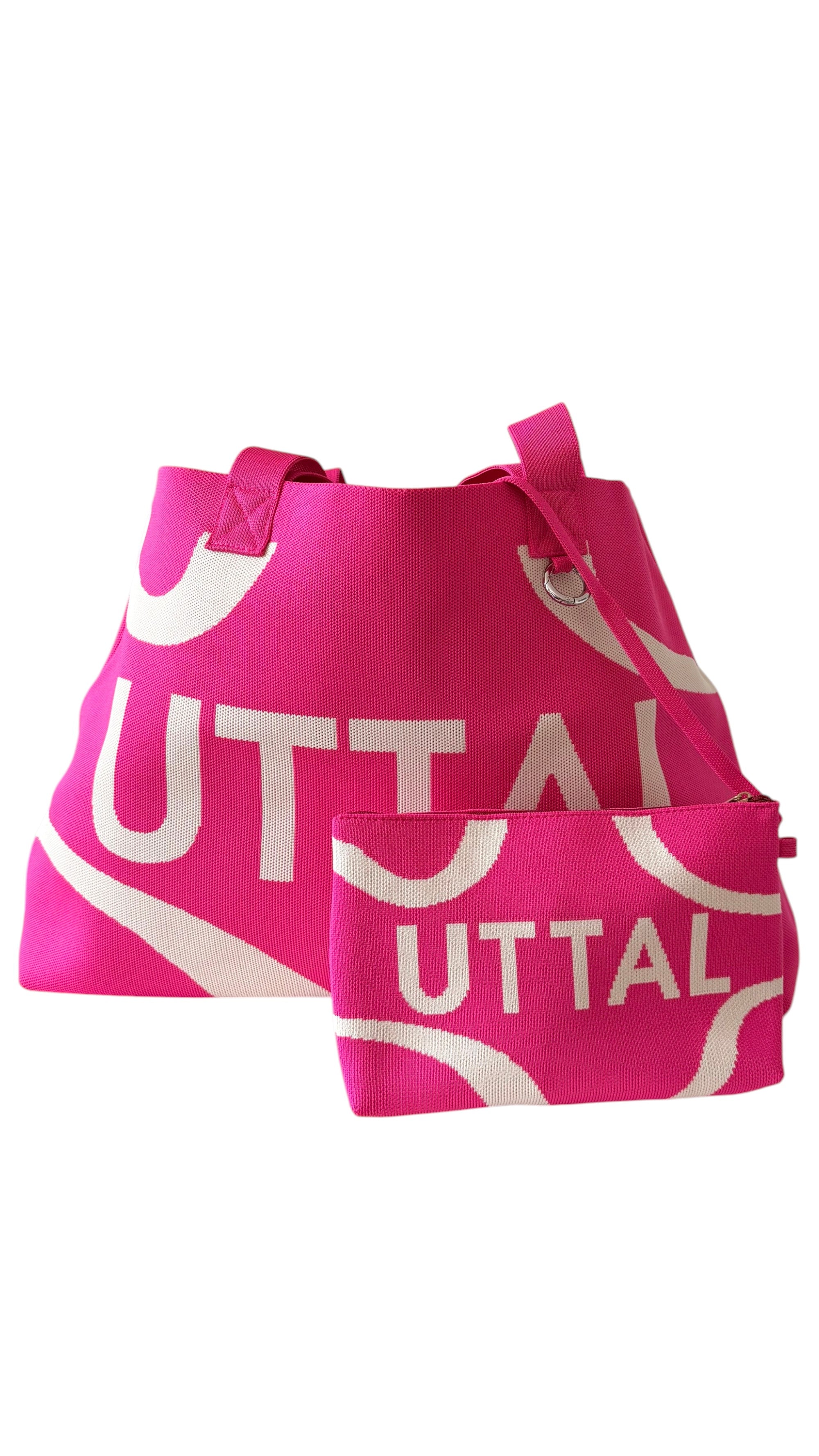 Pink UTTAL jacquard knit tote bag with matching pouch, structured design and premium woven fabric on a white background