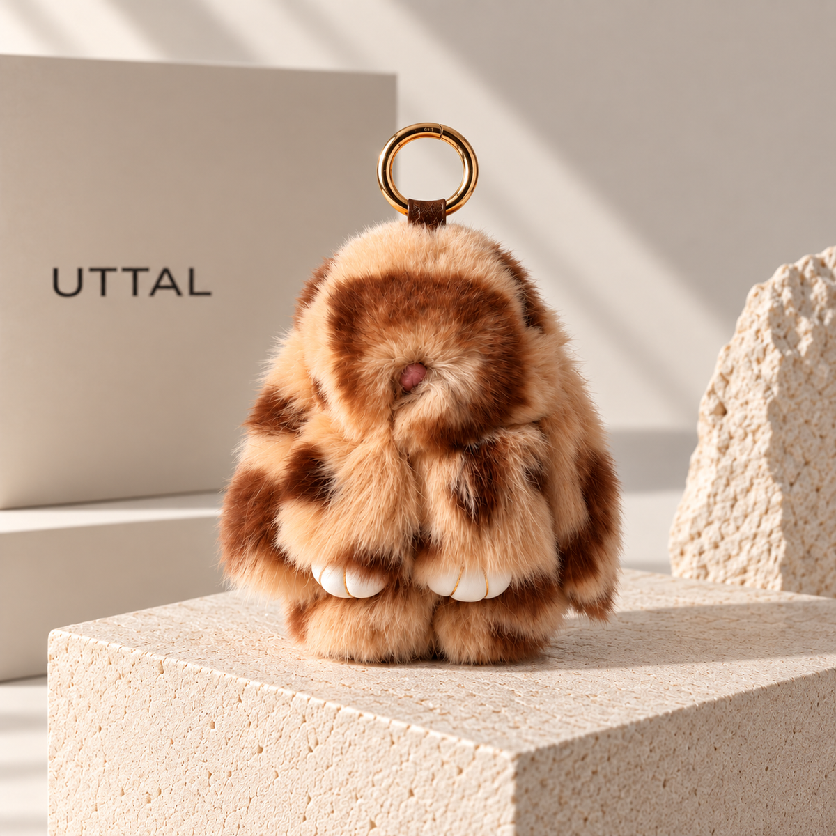 UTTAL Toffee Plushy Bunny Bag Charm in soft brown and cream with gold-tone ring