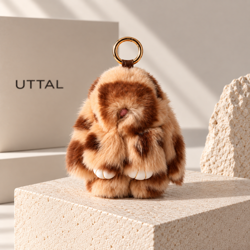 UTTAL Toffee Plushy Bunny Bag Charm in soft brown and cream with gold-tone ring