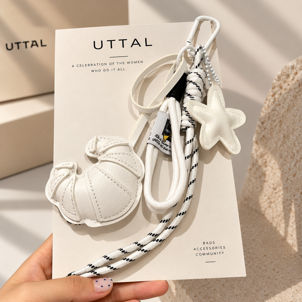 UTTAL Vanilla Croissant Bag Charm with white star charm and decorative cord straps
